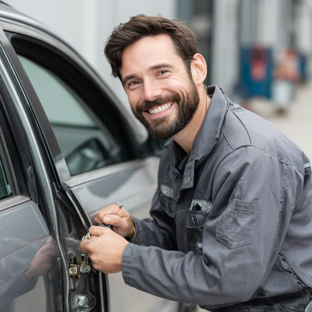 Lächelnder Schlosser, der eine Tür öffnet